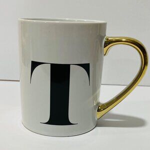 White ceramic initial T mug with gold handle monogram coffee cup